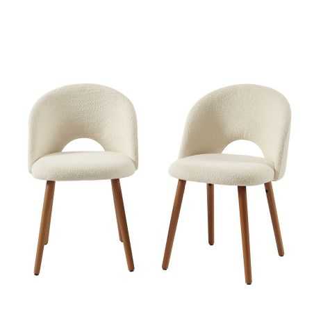 Lot de 2 chaises SIMONE tissu bouclette blanc cassé pieds bois teinté noyer