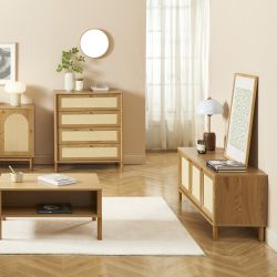 Meuble TV HAIDA effet chêne et cannage rotin 120cm