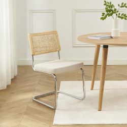 Lot de 2 chaises ELLA cannage et velours côtelé écru pieds métal chromé