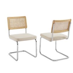 Lot de 2 chaises ELLA cannage et velours côtelé écru pieds métal chromé