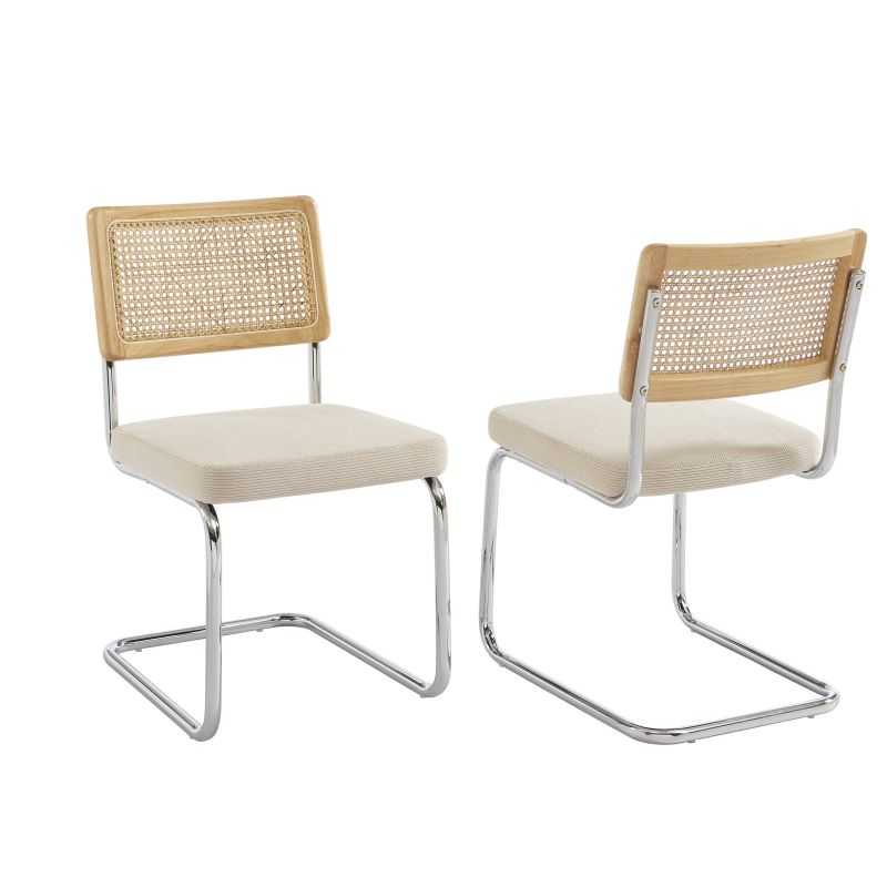 Lot de 2 chaises ELLA cannage et velours côtelé écru pieds métal chromé