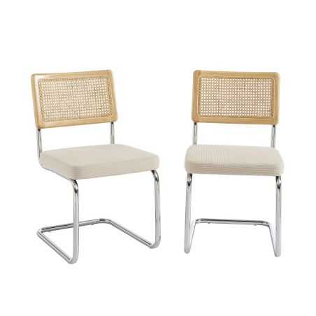 Lot de 2 chaises ELLA cannage et velours côtelé écru pieds métal chromé
