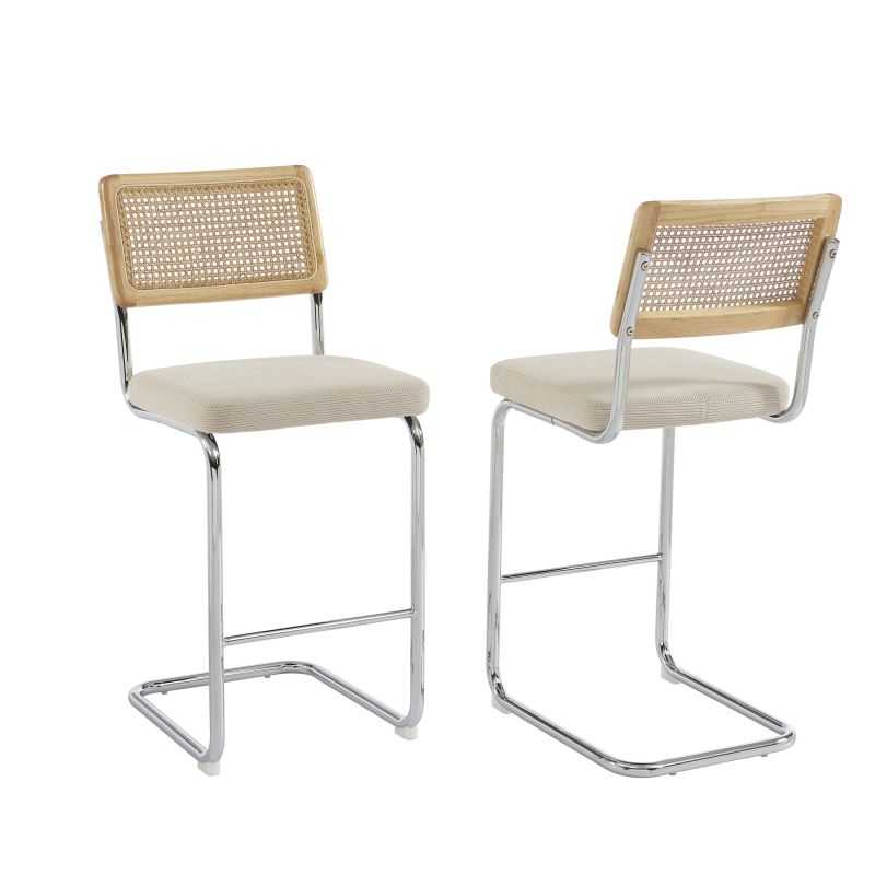 Lot de 2 Tabourets ELLA cannage velours côtelé beige