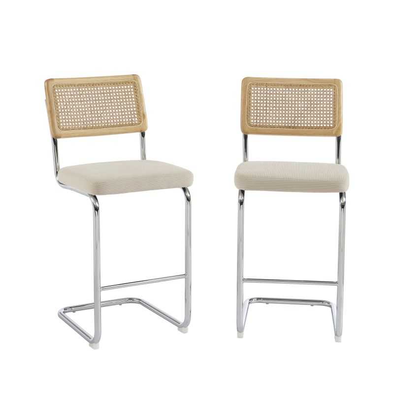 Lot de 2 Tabourets ELLA cannage velours côtelé beige