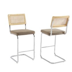 Lot de 2 Tabourets ELLA cannage velours côtelé grège