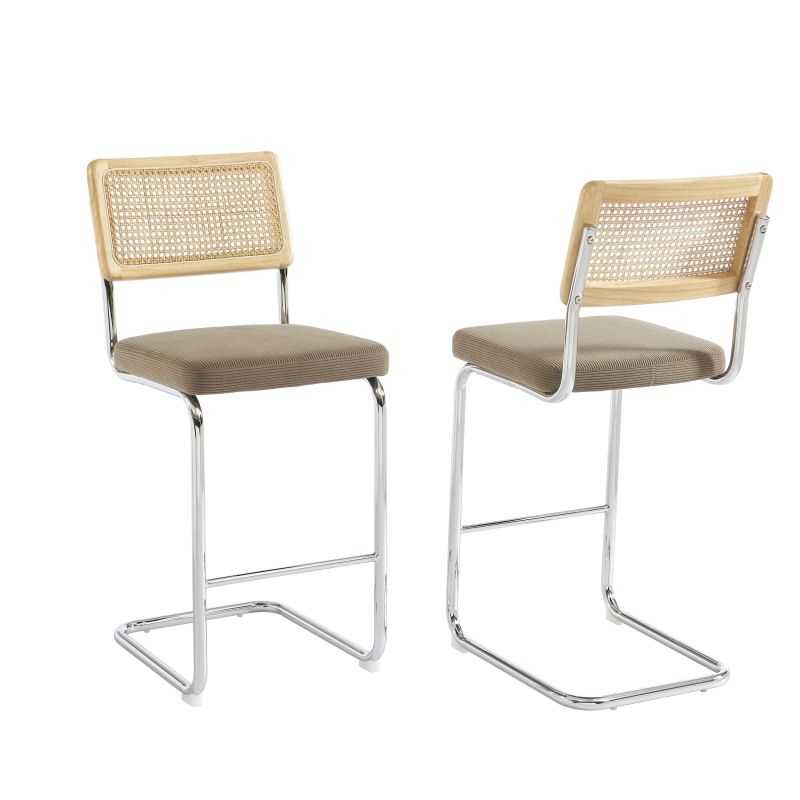 Lot de 2 Tabourets ELLA cannage velours côtelé grège