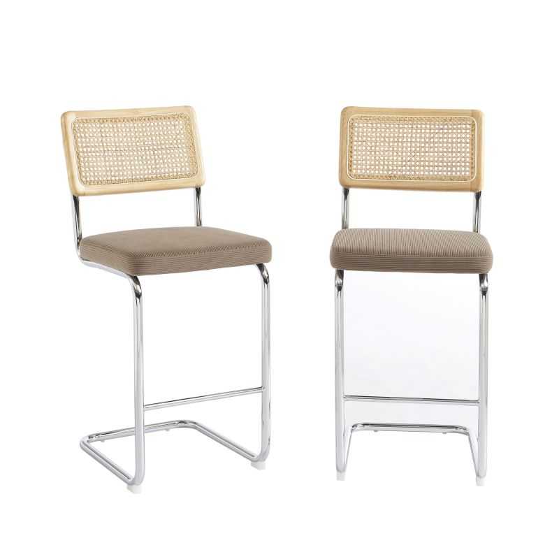Lot de 2 Tabourets ELLA cannage velours côtelé grège
