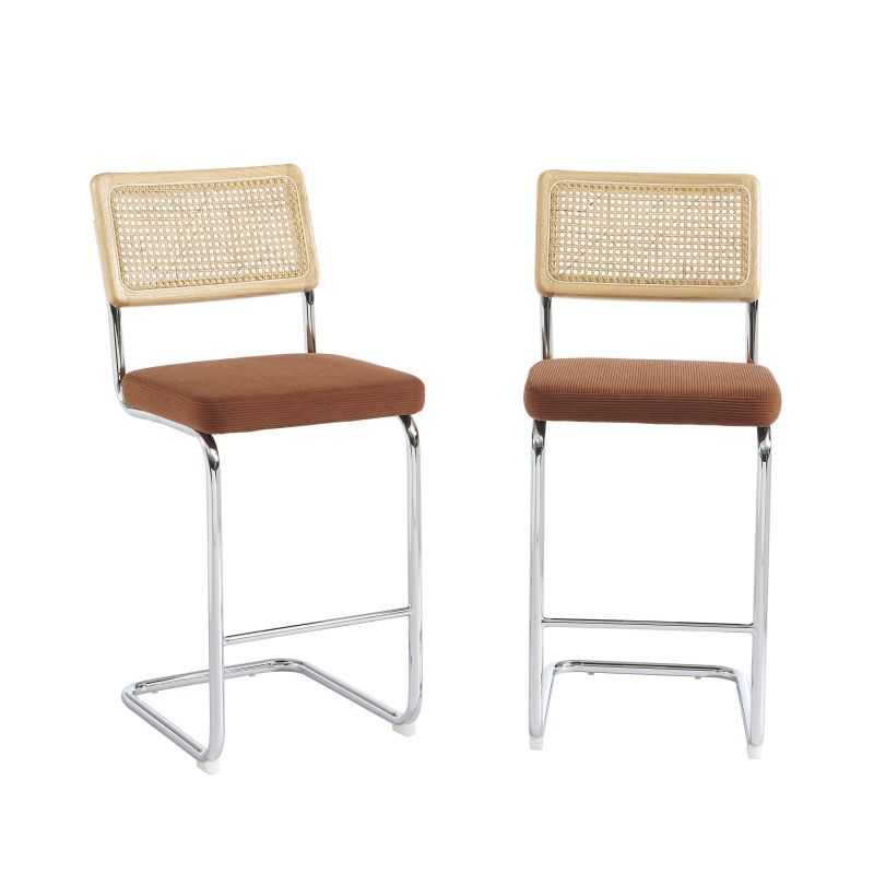 Lot de 2 Tabourets ELLA cannage velours côtelé terracotta
