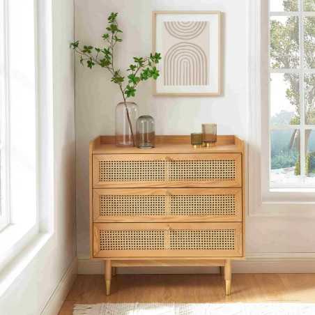 Commode LEON placage chêne et cannage rotin 3 tiroirs 85cm
