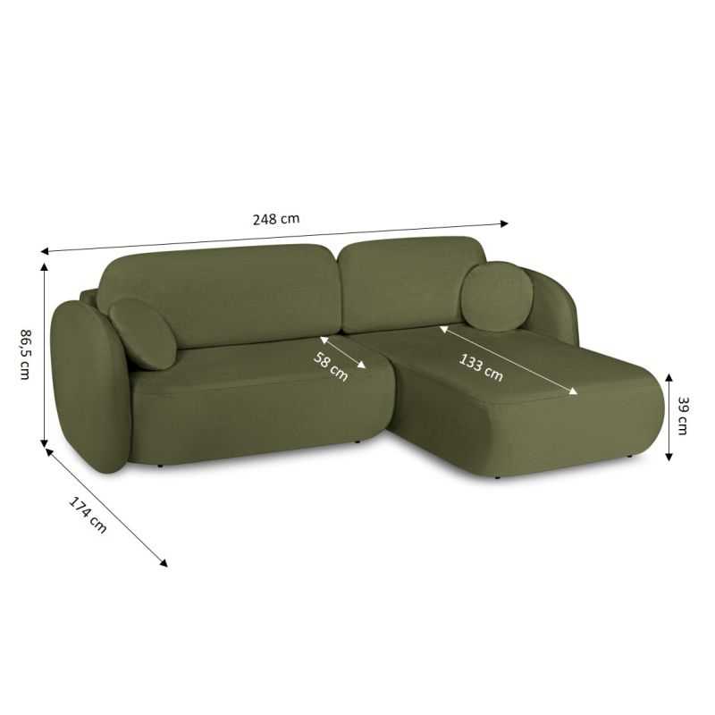 Canapé d'angle droit convertible CARLOTTA 4 places tissu chenille vert kaki