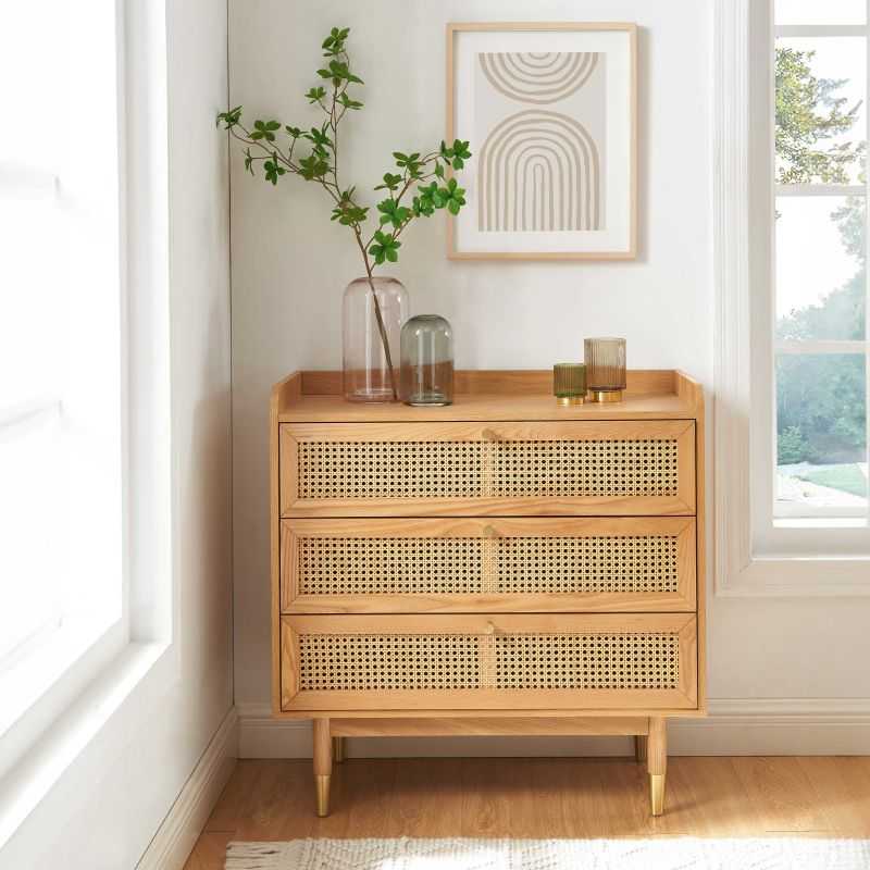 Commode LEON 3 tiroirs placage chêne et cannage rotin 85cm