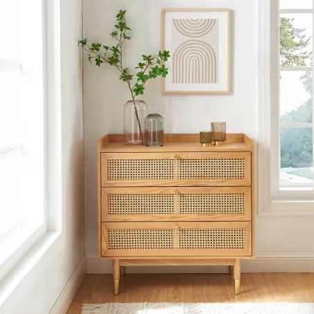 Commode LEON 3 tiroirs placage chêne et cannage rotin 85cm