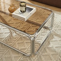 Table basse MAGGY verre trempé orange foncé structure en chrome