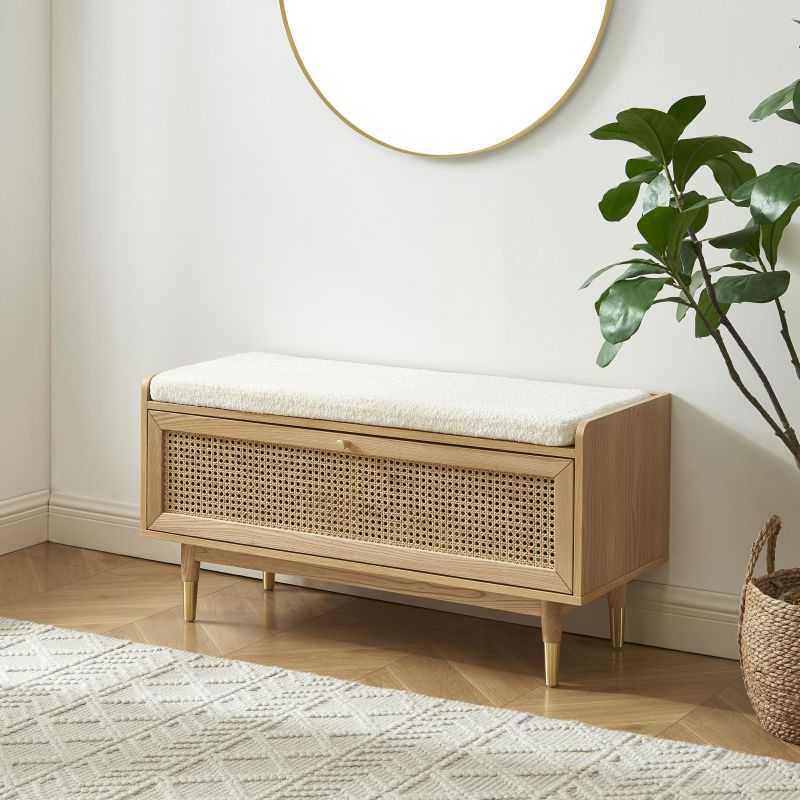 Banc à chaussures LEON placage chêne et cannage rotin 100cm