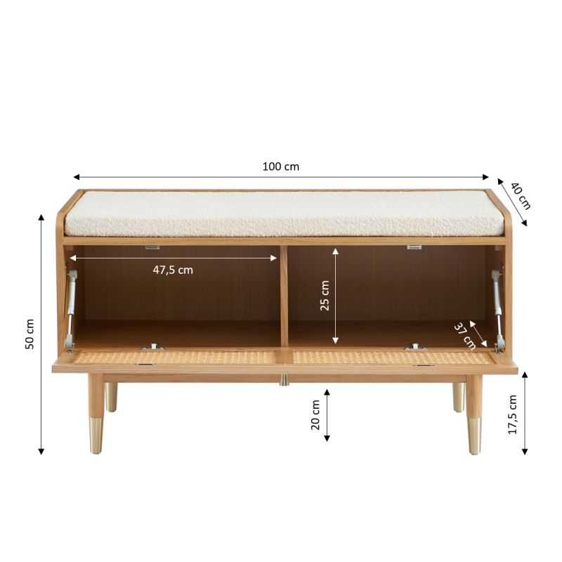 Banc à chaussures LEON placage chêne et cannage rotin 100cm