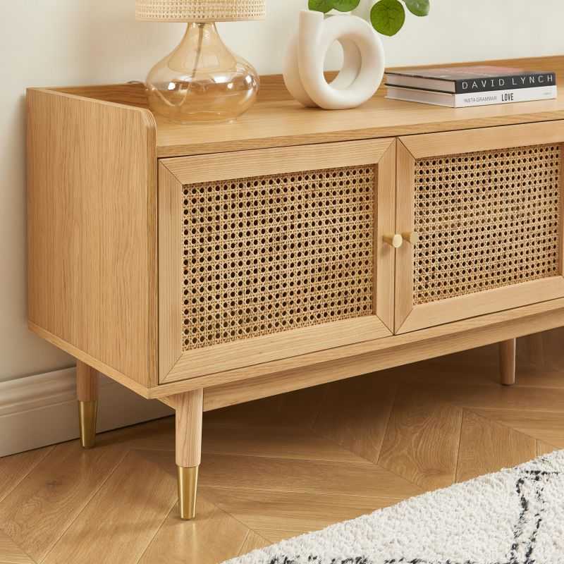 Meuble TV LEON placage chêne et cannage rotin 180cm