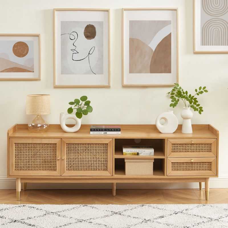 Meuble TV LEON placage chêne et cannage rotin 180cm