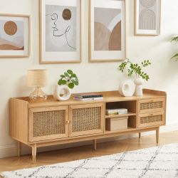 Meuble TV LEON placage chêne et cannage rotin 180cm