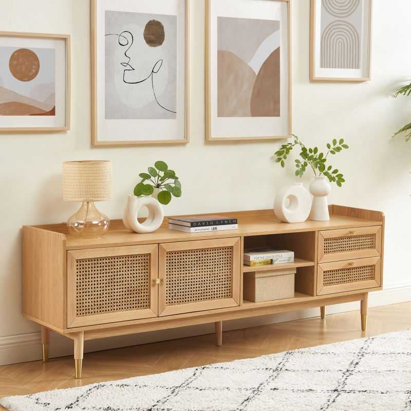 Meuble TV LEON placage chêne et cannage rotin 180cm