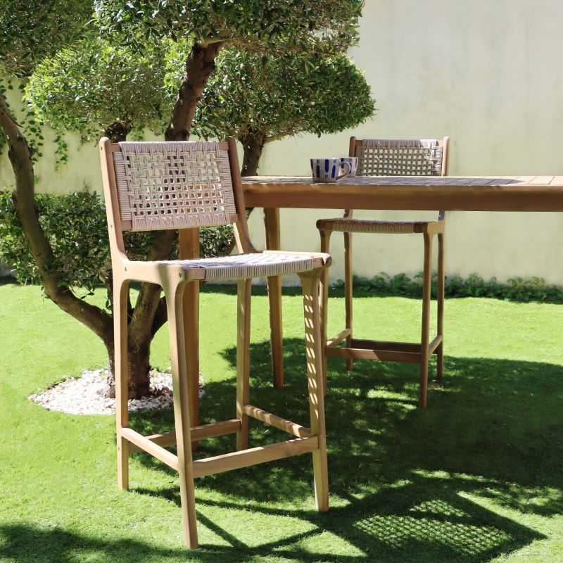 Lot de 2 tabourets de bar intérieur/extérieur KUTA bois d'acacia et corde H76 cm