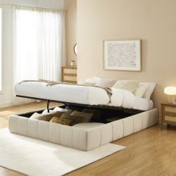 Lit coffre LAVINIA tissu beige 160x200 sommier inclus