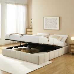 Lit coffre LAVINIA tissu beige 180x200 sommier inclus