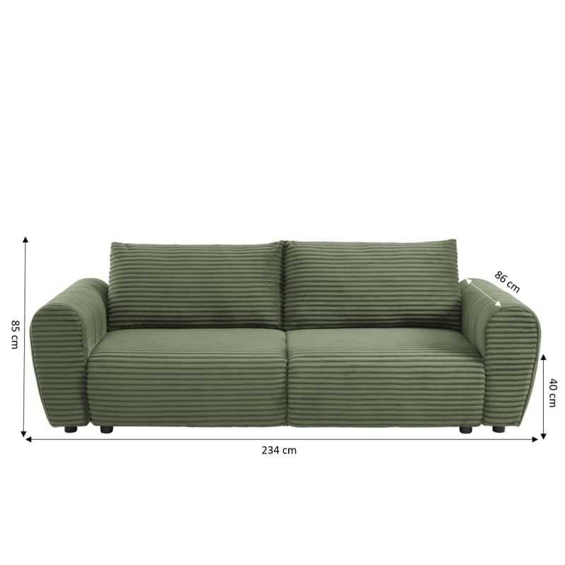 Canapé droit convertible LOIC 3 places en velours côtelé vert