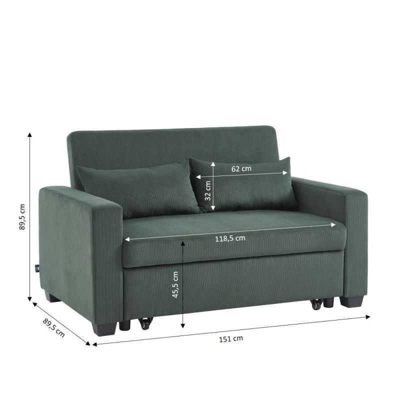 Canapé droit EVA convertible velours côtelé vert 2 places