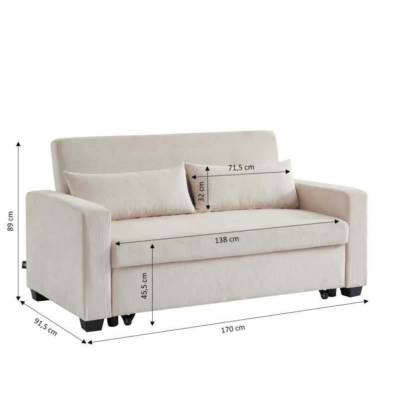 Canapé droit EVA convertible velours côtelé beige 3 places