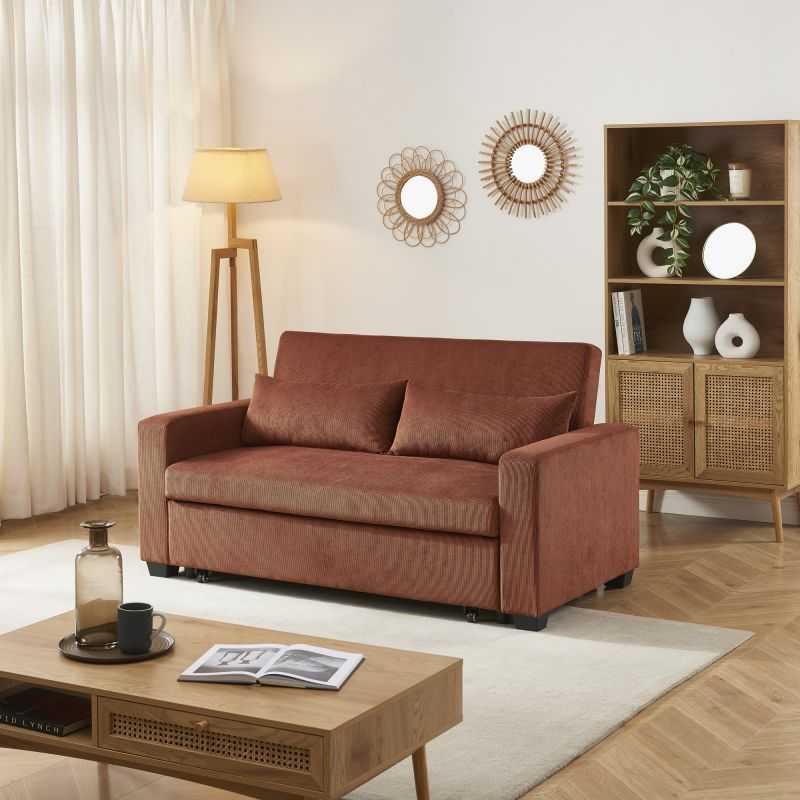 Canapé droit EVA convertible velours côtelé terracotta 3 places