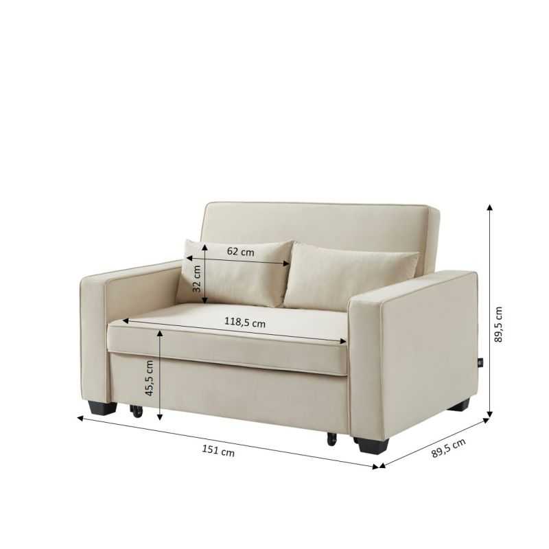 Canapé droit LENA convertible velours beige 2 places
