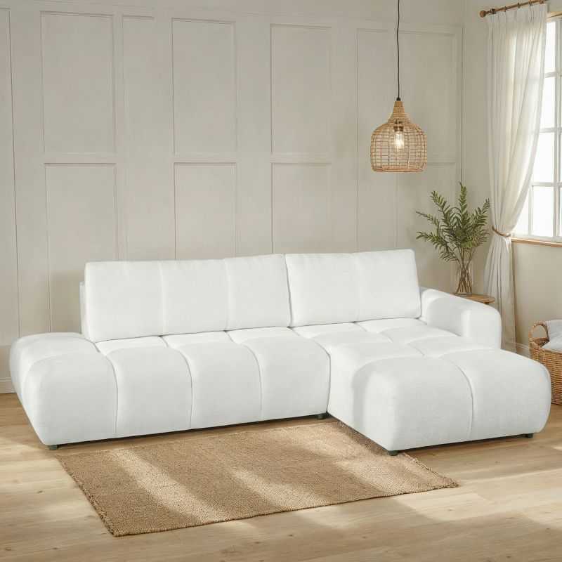 Canapé d'angle droit convertible SORELLA 4 places tissu chenille écru