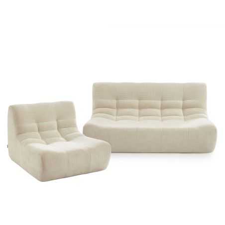 Ensemble banquette et chauffeuse JANIS modulable 3 places tissu chenille écru