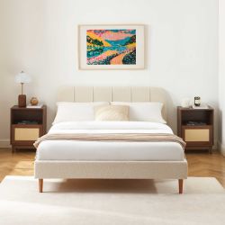 Lit YUME tissu bouclette beige 140x190 sommier inclus