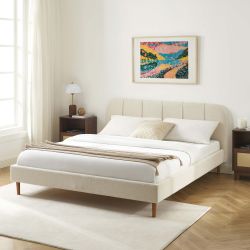 Lit YUME tissu bouclette beige 160x200 sommier inclus