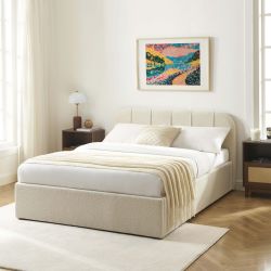 Lit coffre YUME tissu chenille beige 140x190 sommier inclus