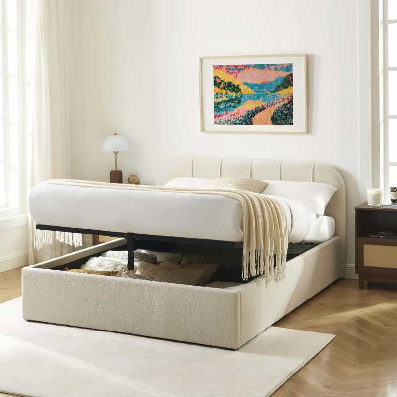 Lit coffre YUME tissu chenille beige 140x190 sommier inclus