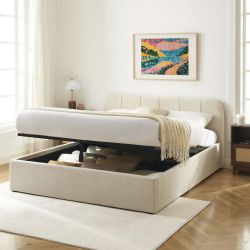 Lit coffre YUME tissu chenille beige 160x200 sommier inclus