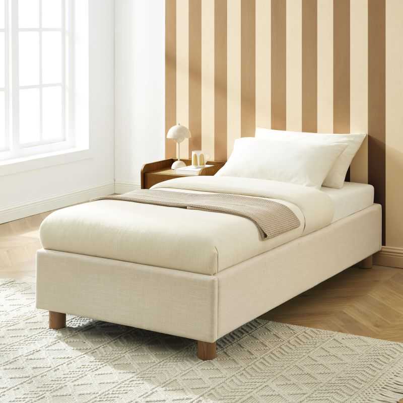 Lit coffre KORALL 90x190 tissu beige lin sommier inclus