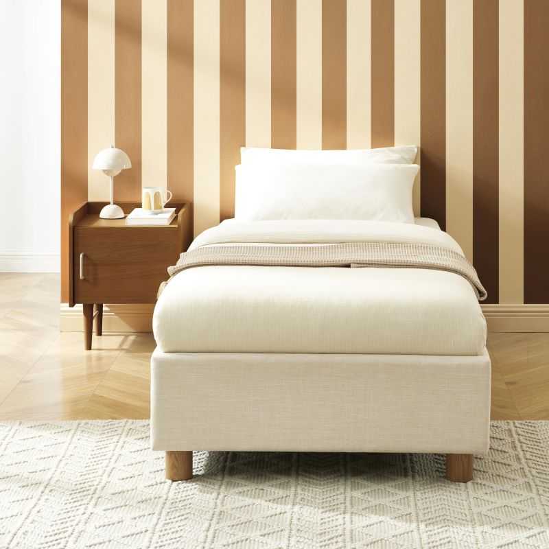 Lit coffre KORALL 90x190 tissu beige lin sommier inclus