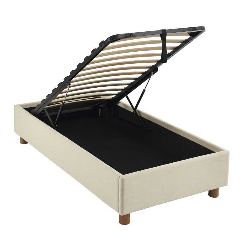 Lit coffre KORALL 90x190 tissu beige lin sommier inclus