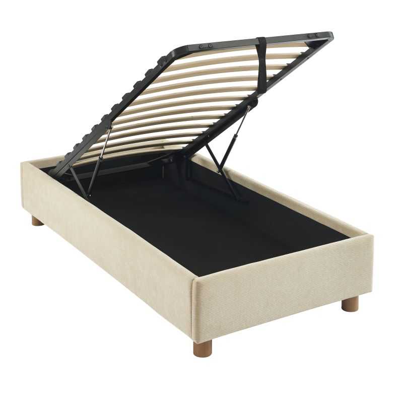 Lit Coffre SEGURO BAÏTA – Velours Beige Crème – Sommier à Lattes 90x190 Inclus – Rangement Intégré – Dimensions 102x208x90 Cm