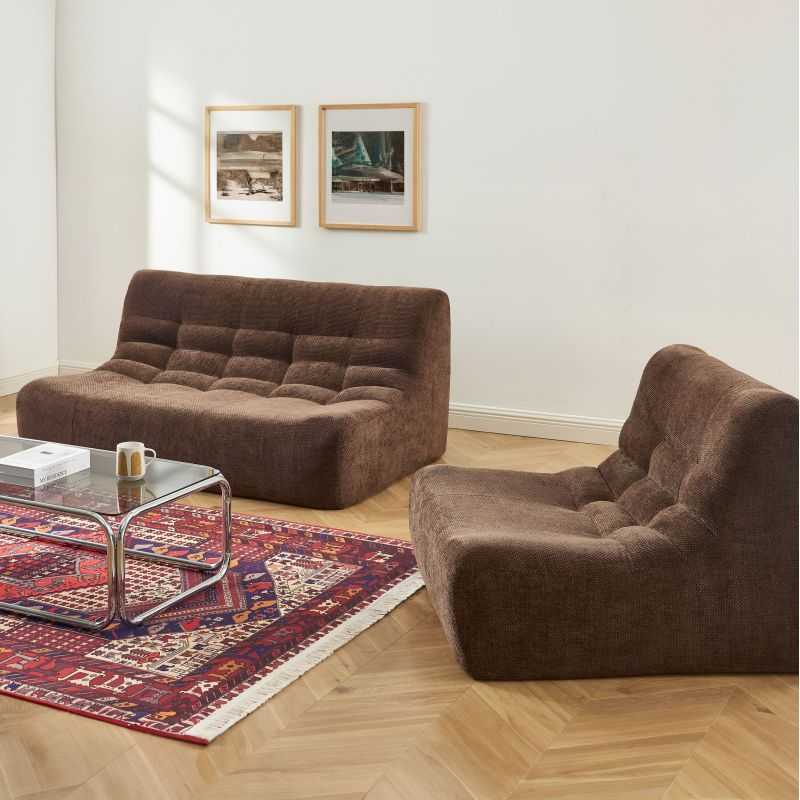 Ensemble banquette et chauffeuse JANIS modulable 3 places tissu chenille marron