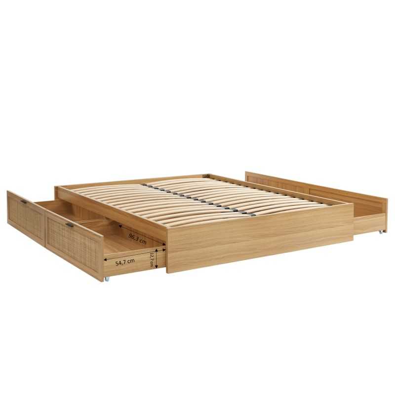 Cadre de lit à tiroirs AMANA 160x200 cannage rotin sommier inclus