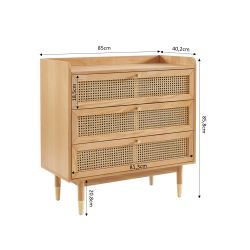 Commode LEON 3 tiroirs placage chêne et cannage rotin 85cm