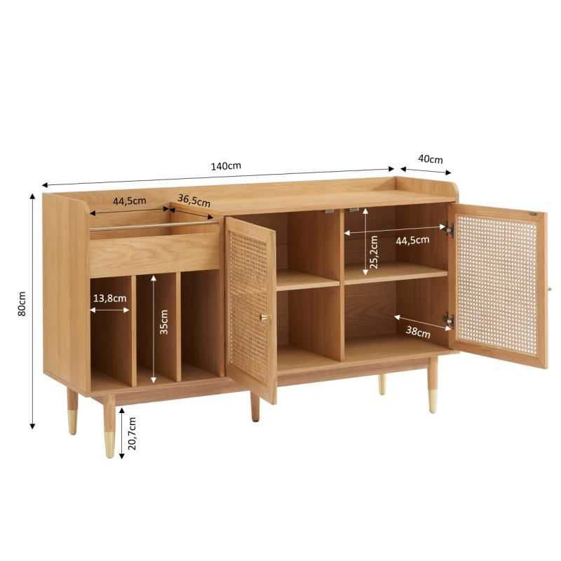 Meuble vinyle LEON placage chêne et cannage rotin 140cm