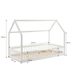 Lit cabane avec barrières TINY 90x190cm pin massif blanc sommier inclus