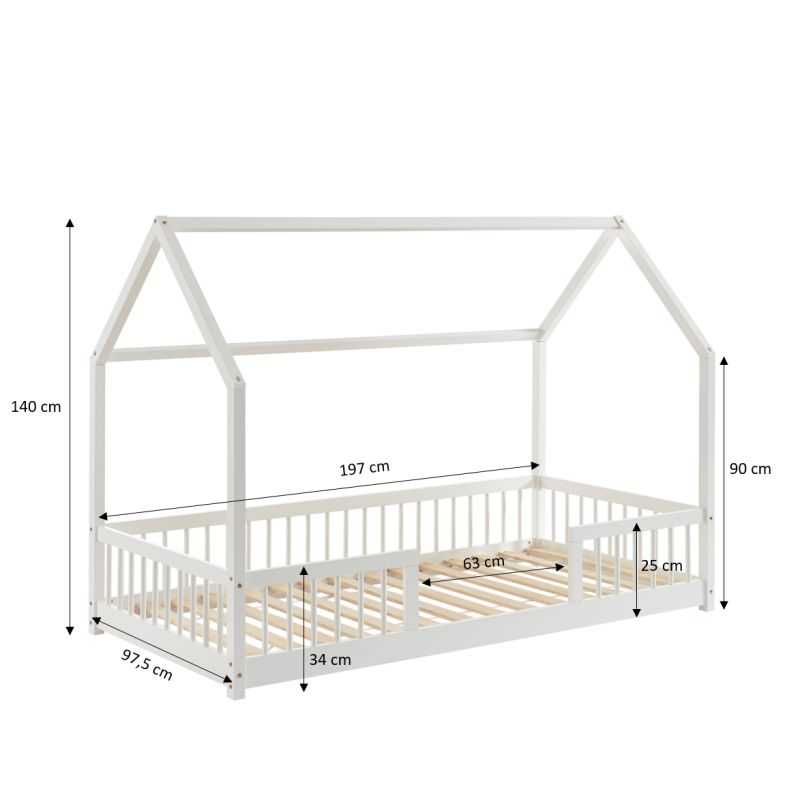 Lit cabane avec barrières TINY 90x190cm pin massif blanc sommier inclus