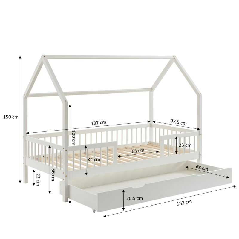 Lit cabane avec barrières TINY 90x190cm pin massif blanc sommier + tiroir inclus