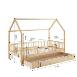 Lit cabane avec barrières TINY 90x190 pin massif sommier + tiroir inclus